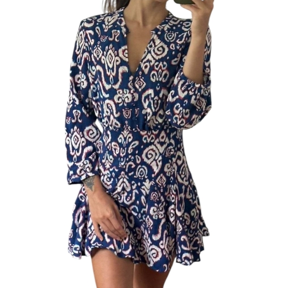 Zara Dress Blue/ White/Red Pattern Button Bodice V Neck Fit & Flare NWT Sz S - Picture 1 of 10